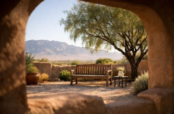 Empty adobe courtyard reception space with a wooden bench and wildflowers beneath a desert willow