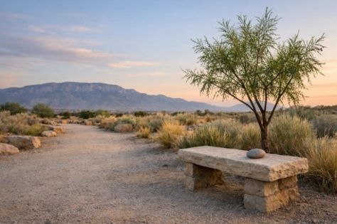 Early morning memorial garden path with an unmarked stone bench, desert willow, and a single river