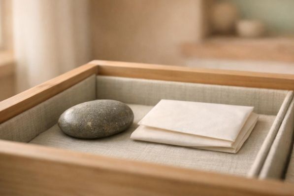 Smooth river stone and blank planning paper in a home filing drawer for recording 