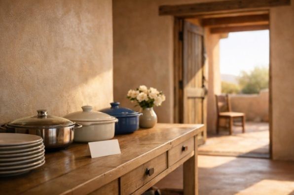 Quiet Southwestern reception room prepared with covered dishes and empty chairs after a traditional 