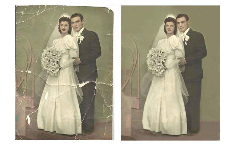 A bride and groom are standing next to each other on their wedding day.