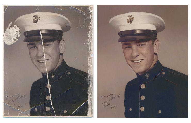A before and after picture of a man in a military uniform.