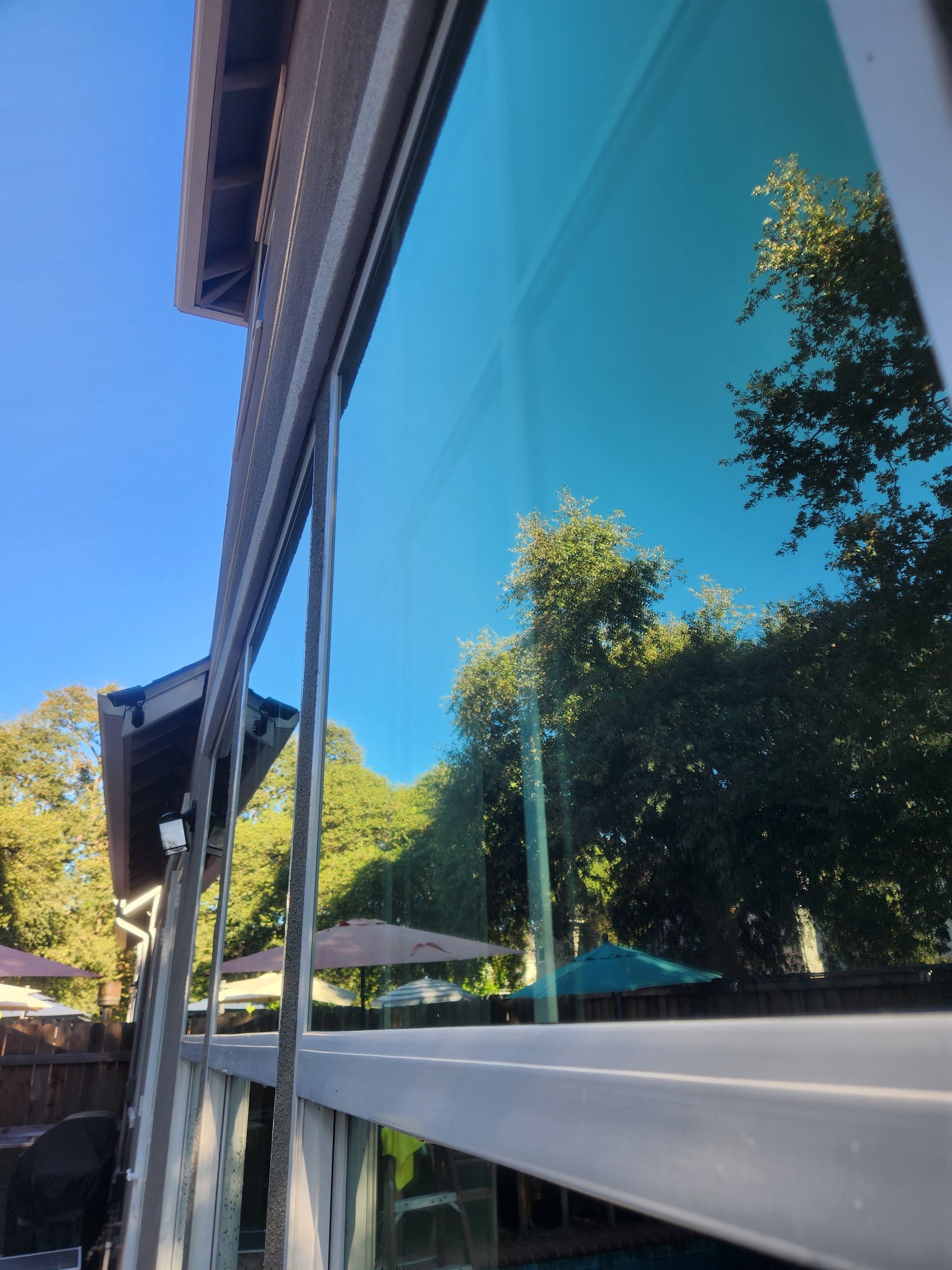 Reflective glass wall mirroring blue sky, trees, and patio umbrellas beside a building.