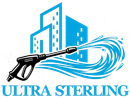 ULTRA STERLING logo with blue buildings and a black pressure washer spraying water