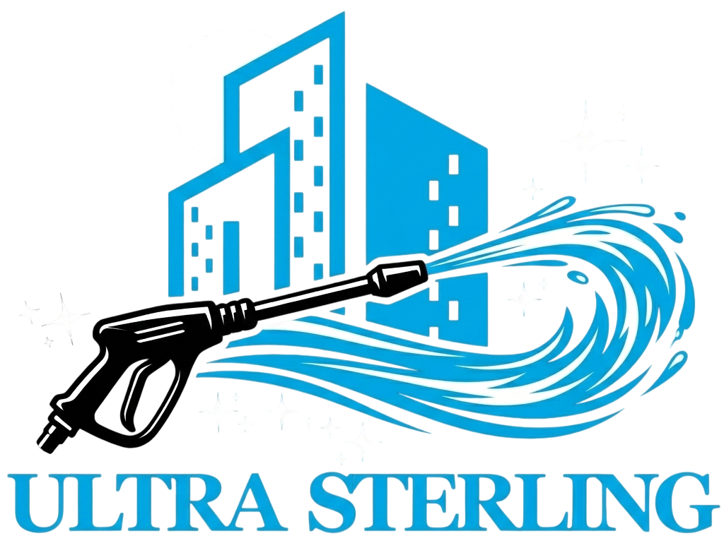 ULTRA STERLING logo with blue buildings and a black pressure washer spraying water