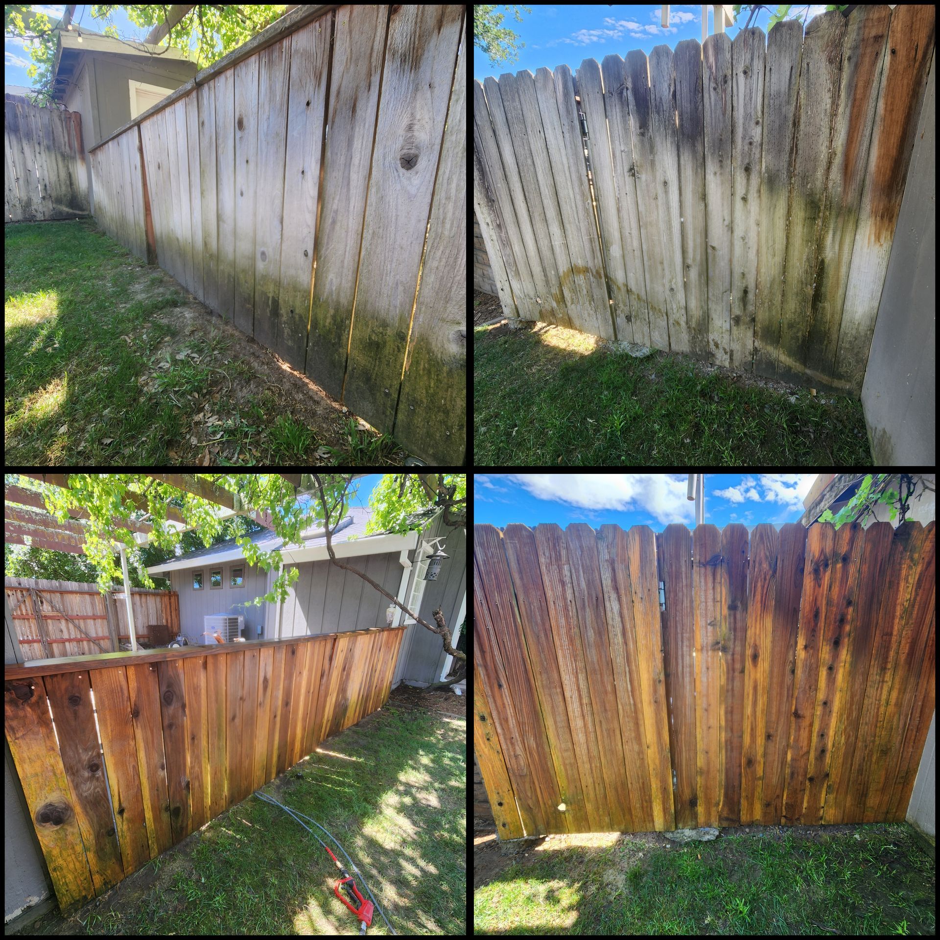 Collage of a weathered wooden fence in a grassy yard, shown from different angles and lighting.