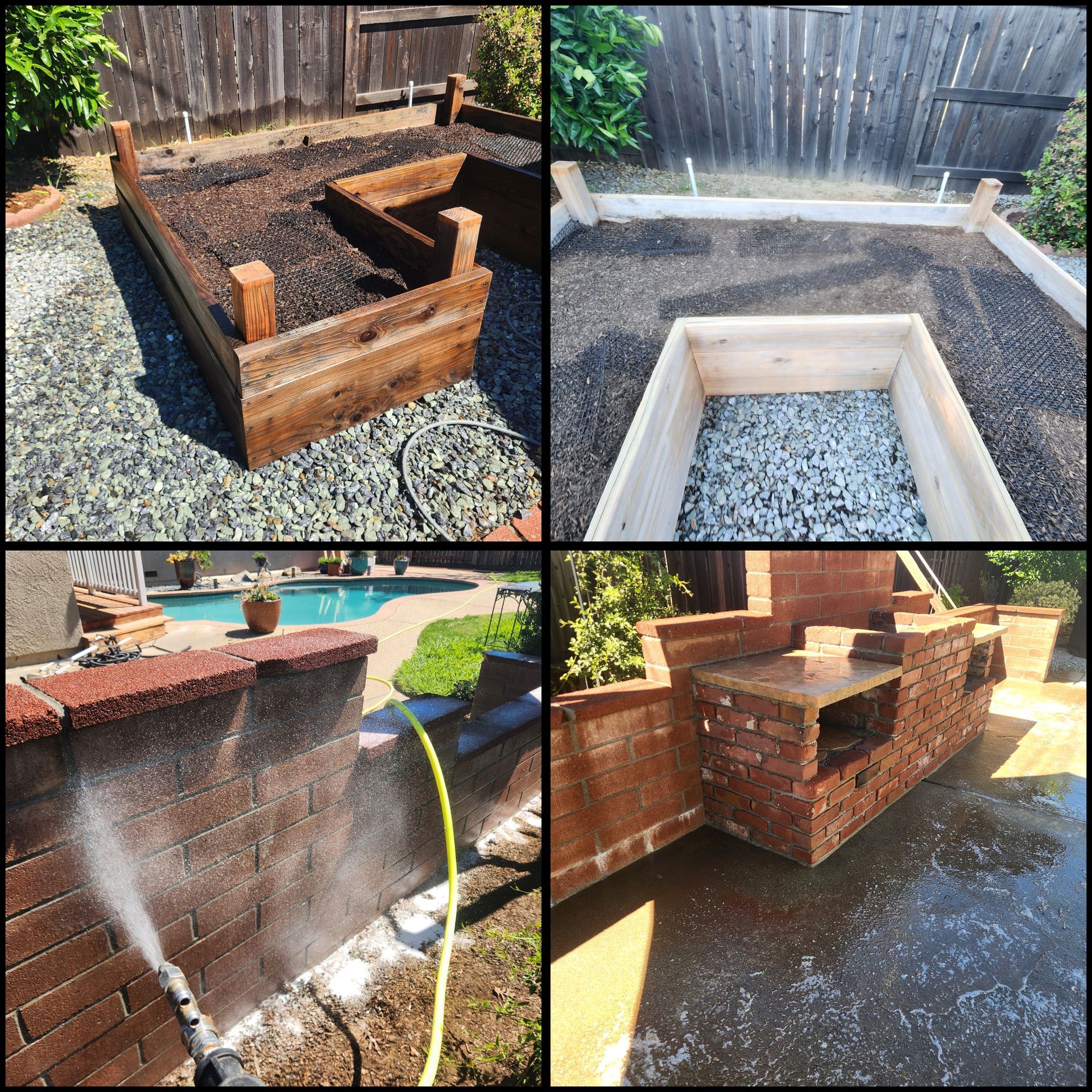 Four views of a wooden planter box build in a backyard, before and after filling with gravel and soil.