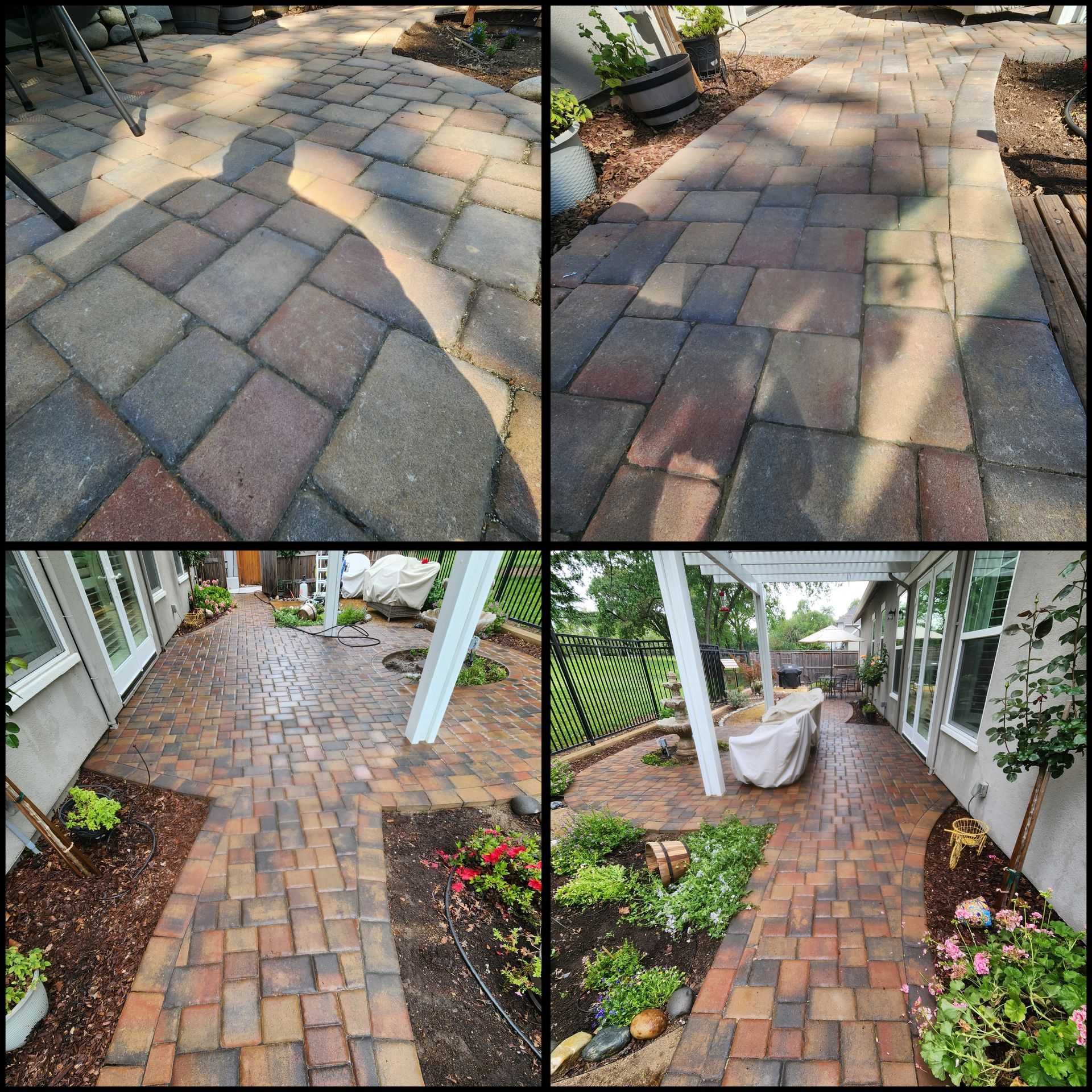 Four views of a brick and paver garden walkway with white columns and surrounding plants