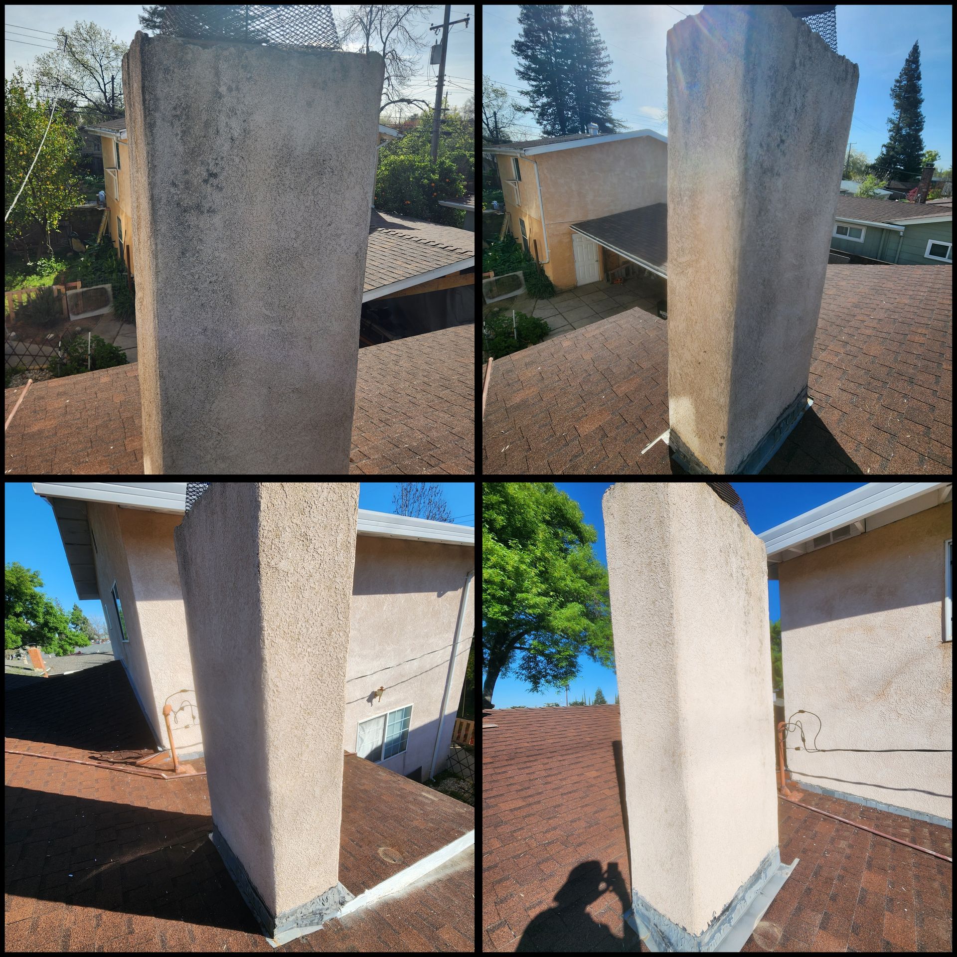 Concrete pillar on a rooftop, shown from multiple angles in bright sunlight.