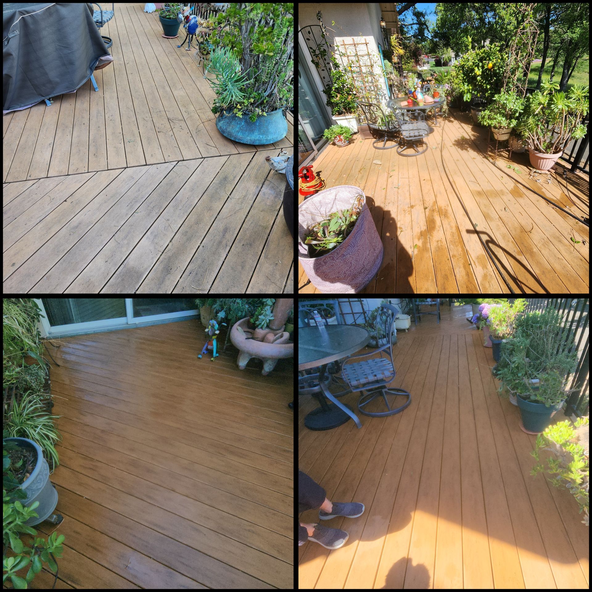 Composite of four views of a sunlit wooden deck/patio with potted plants and outdoor furniture