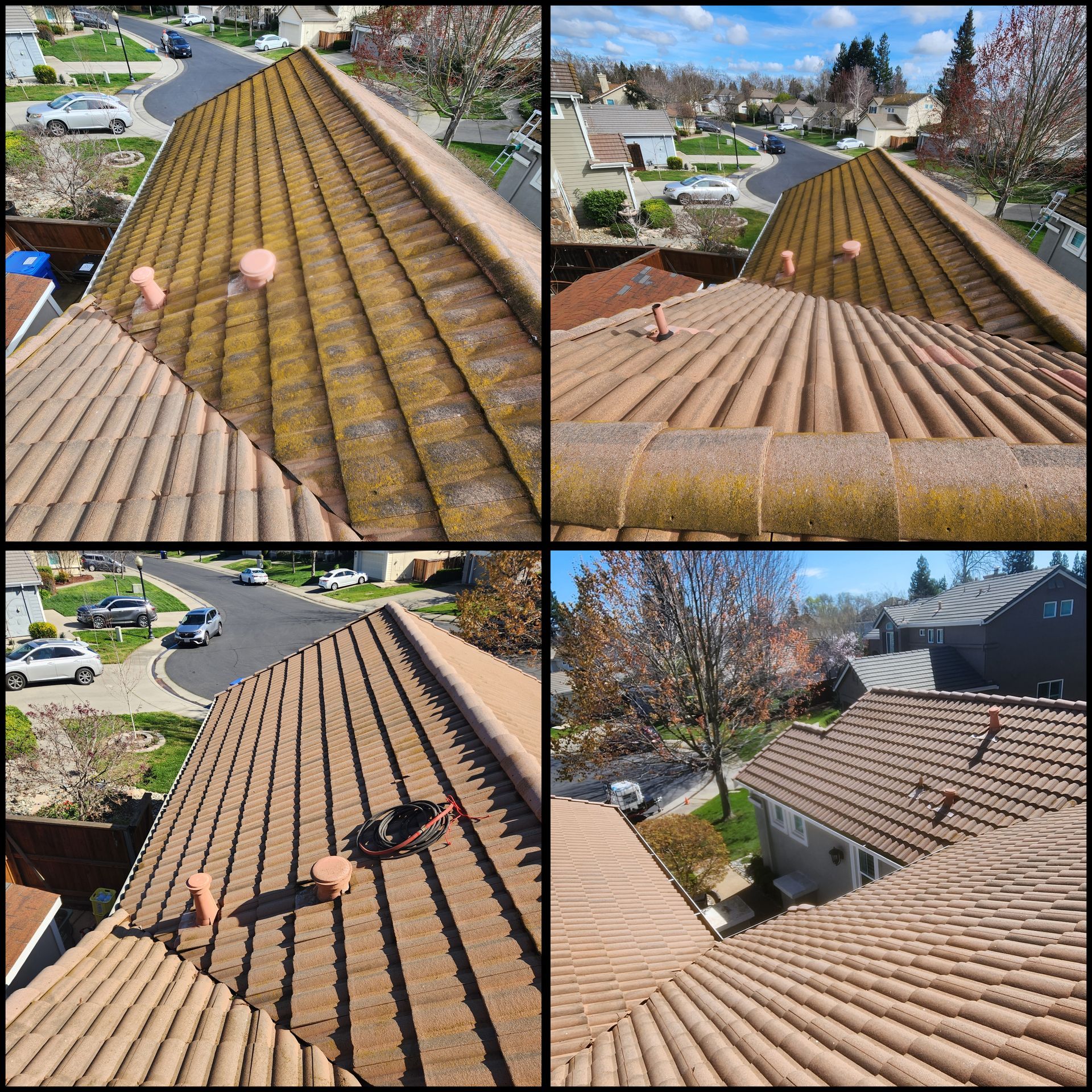 Roofing contractor on terracotta-tiled roof, showing roof cleaning and repair before-and-after views