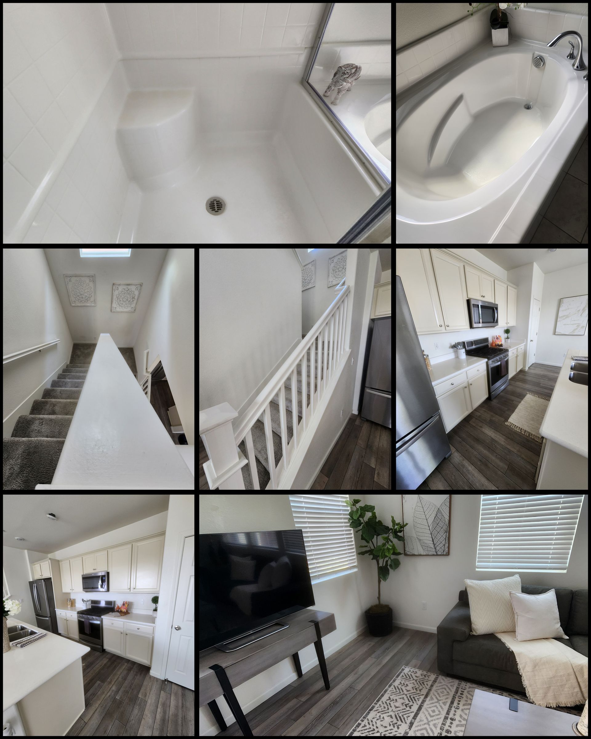 Collage of a bright white apartment: bathroom, hallway, kitchen, and living room with TV and sofa.