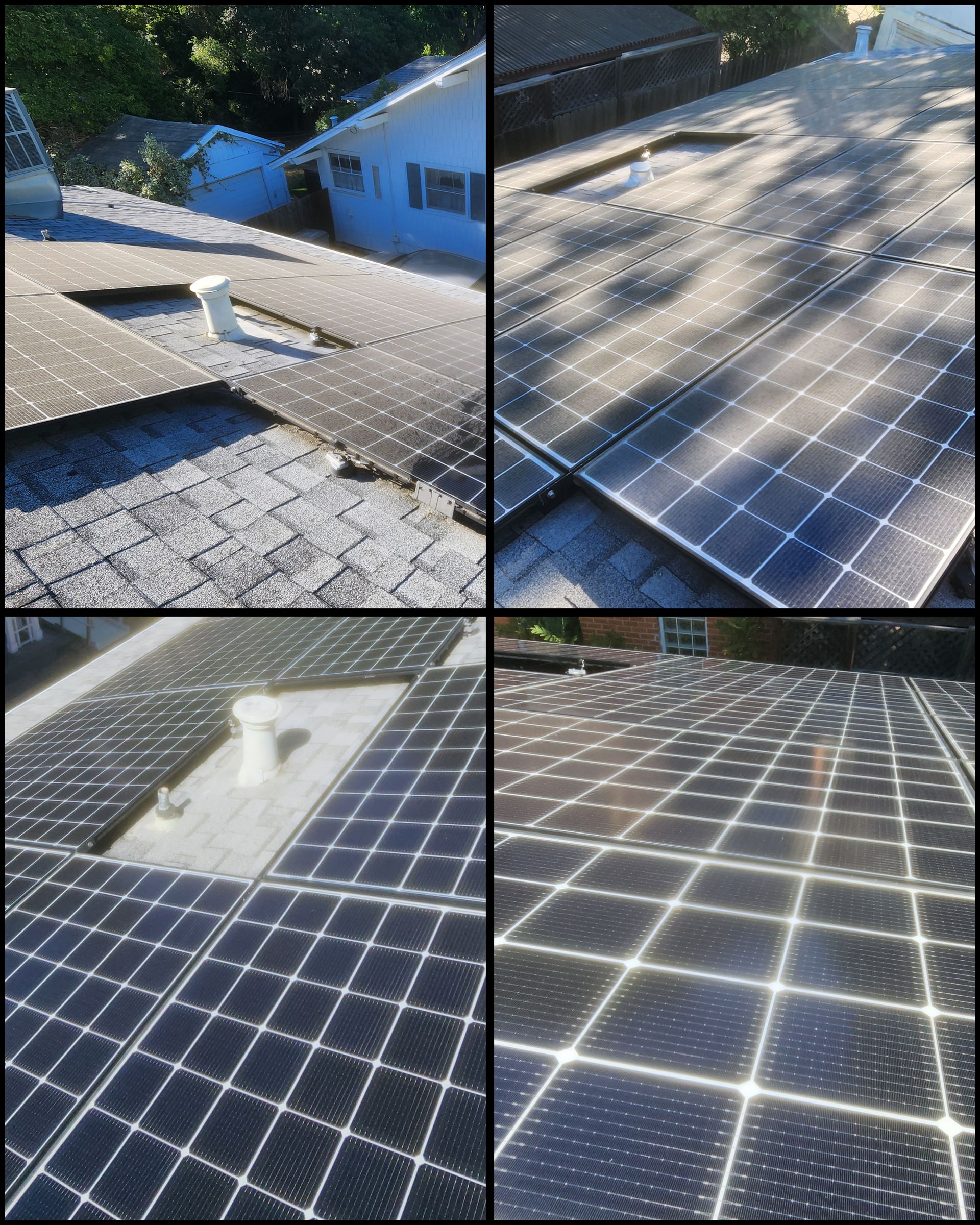 Solar panels installed on a roof in four views, including close-ups of reflective blue-black panels.