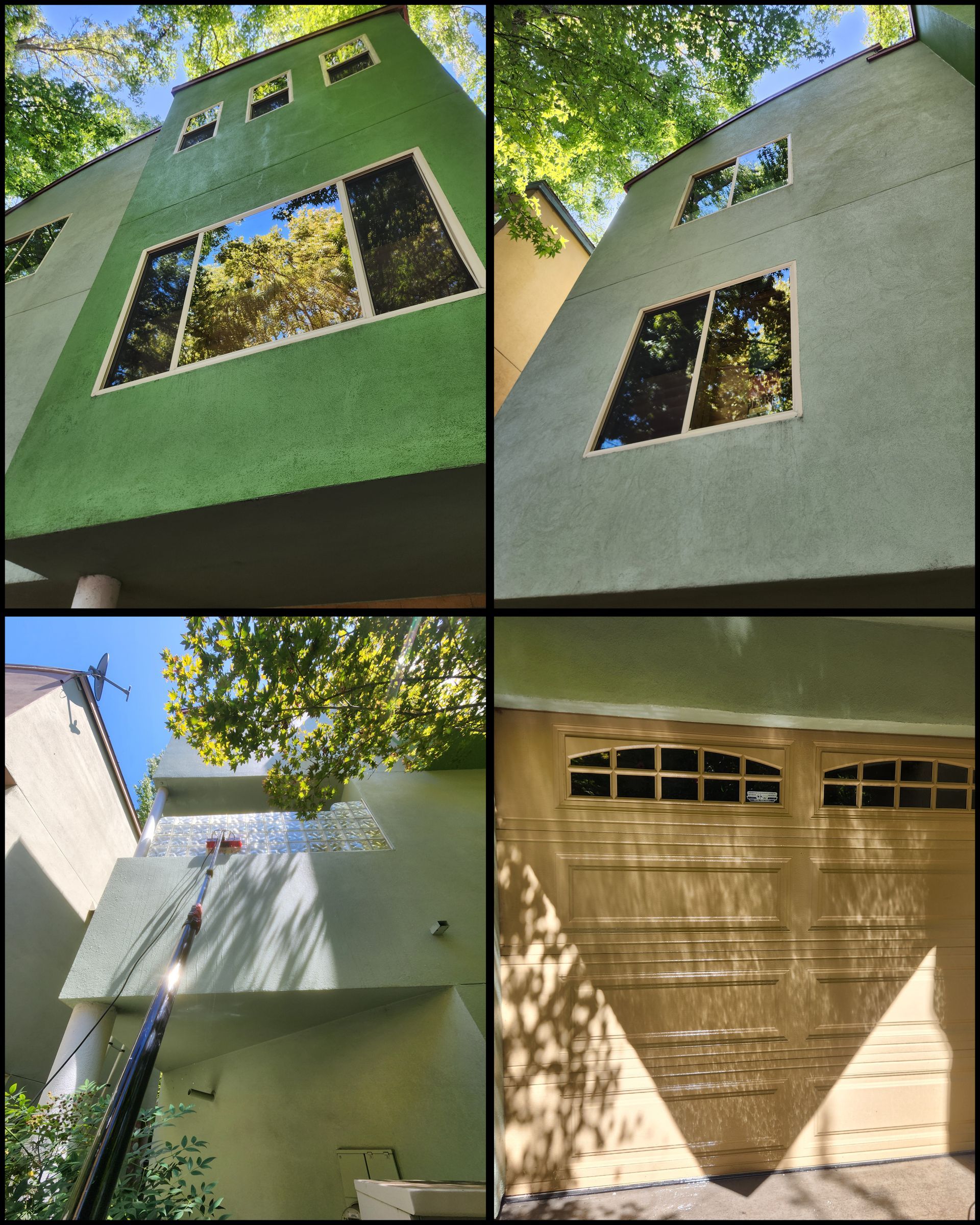Four exterior views of a house: green and white stucco walls, windows, and a tan garage door under trees.