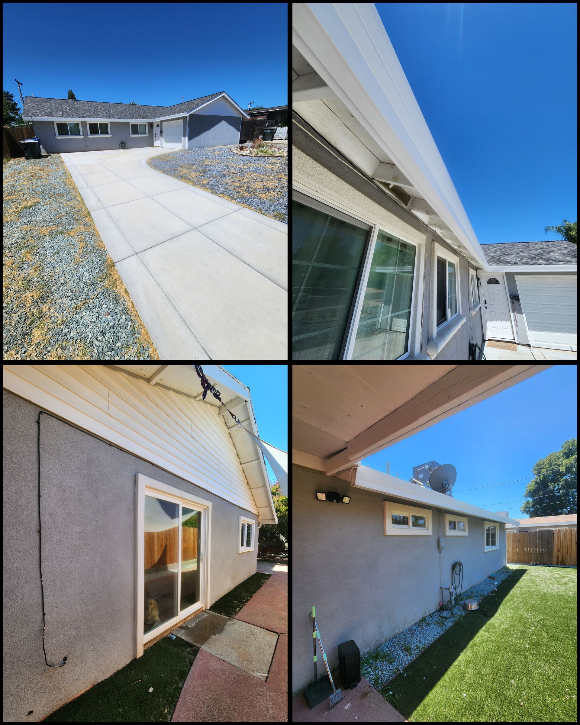 Four exterior home views showing a concrete walkway, blue sky, stucco walls, windows, and a lawn.