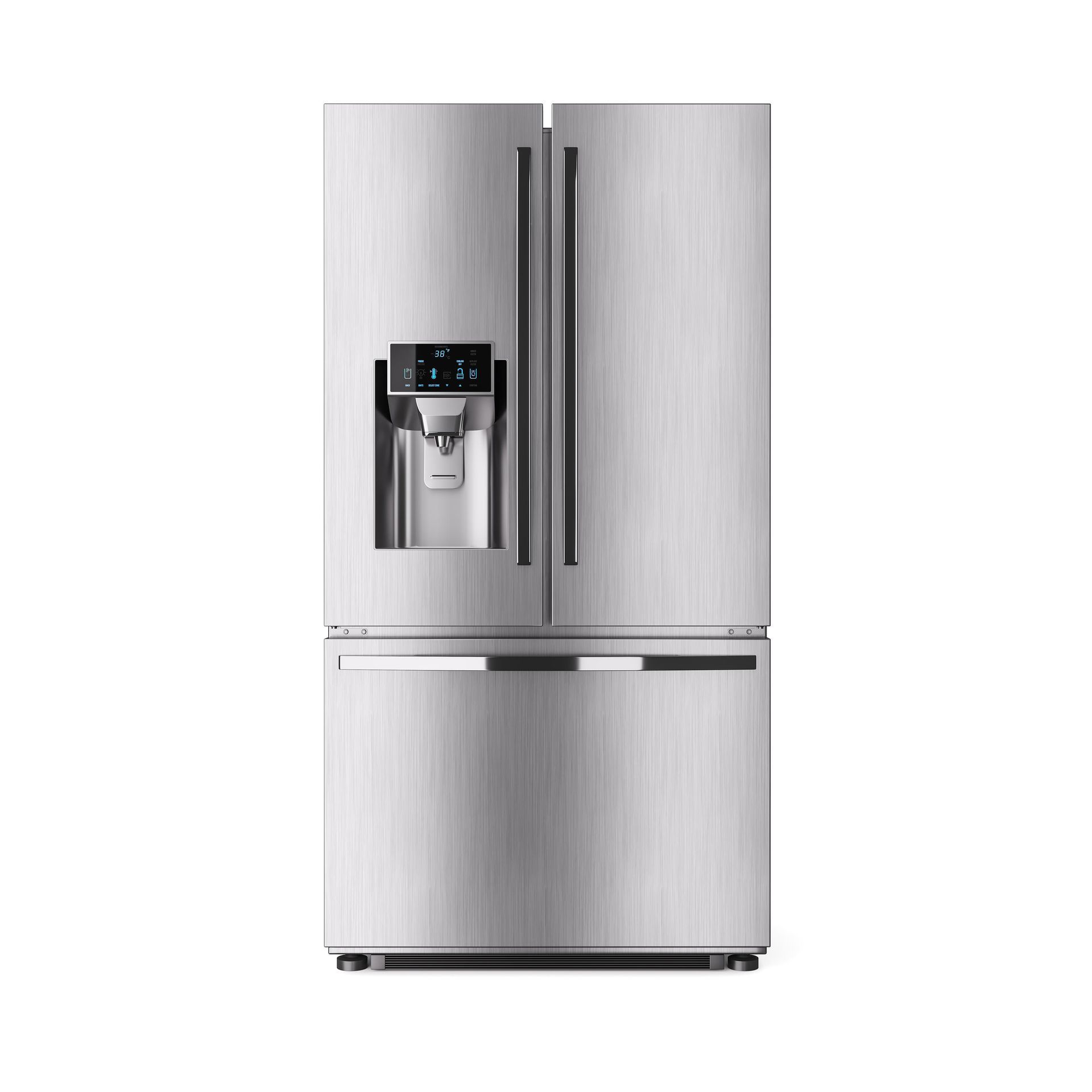 A stainless steel refrigerator with a water dispenser on a white background.