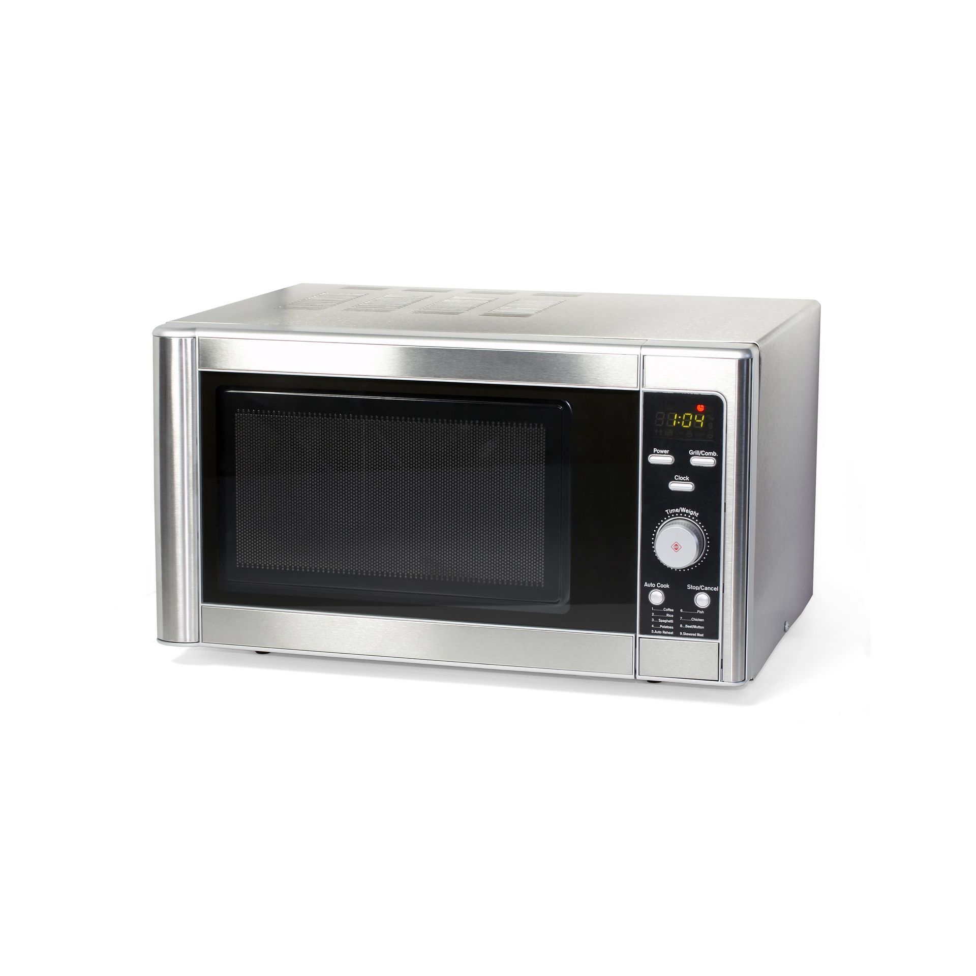 A stainless steel microwave oven is sitting on a white surface.