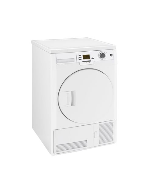 A white dryer is sitting on top of a white table.
