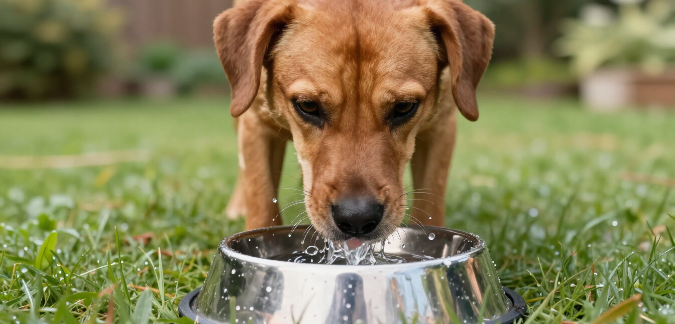 Brown dog drinking from a metal bowl on grass outdoors