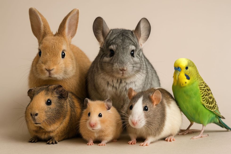 Three rabbits, one guinea pig, and a green-yellow budgie posed together on a plain background