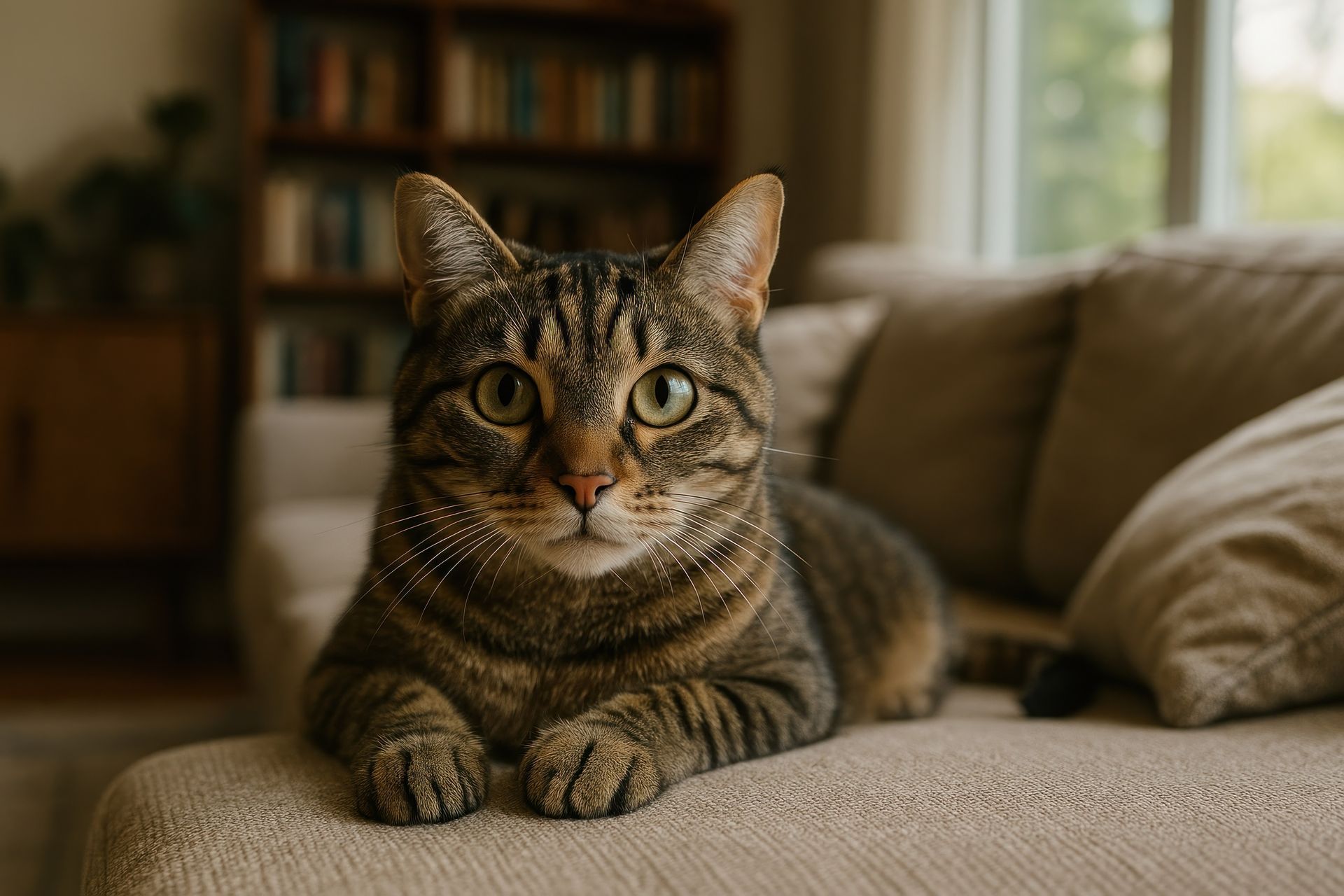 Tabby cat lying on a sofa in a cozy living room, looking at the camera