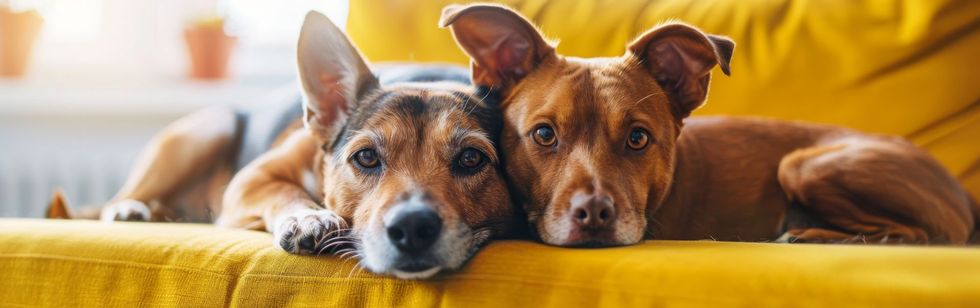 Two brown dogs resting side by side on a yellow couch, looking at the camera.