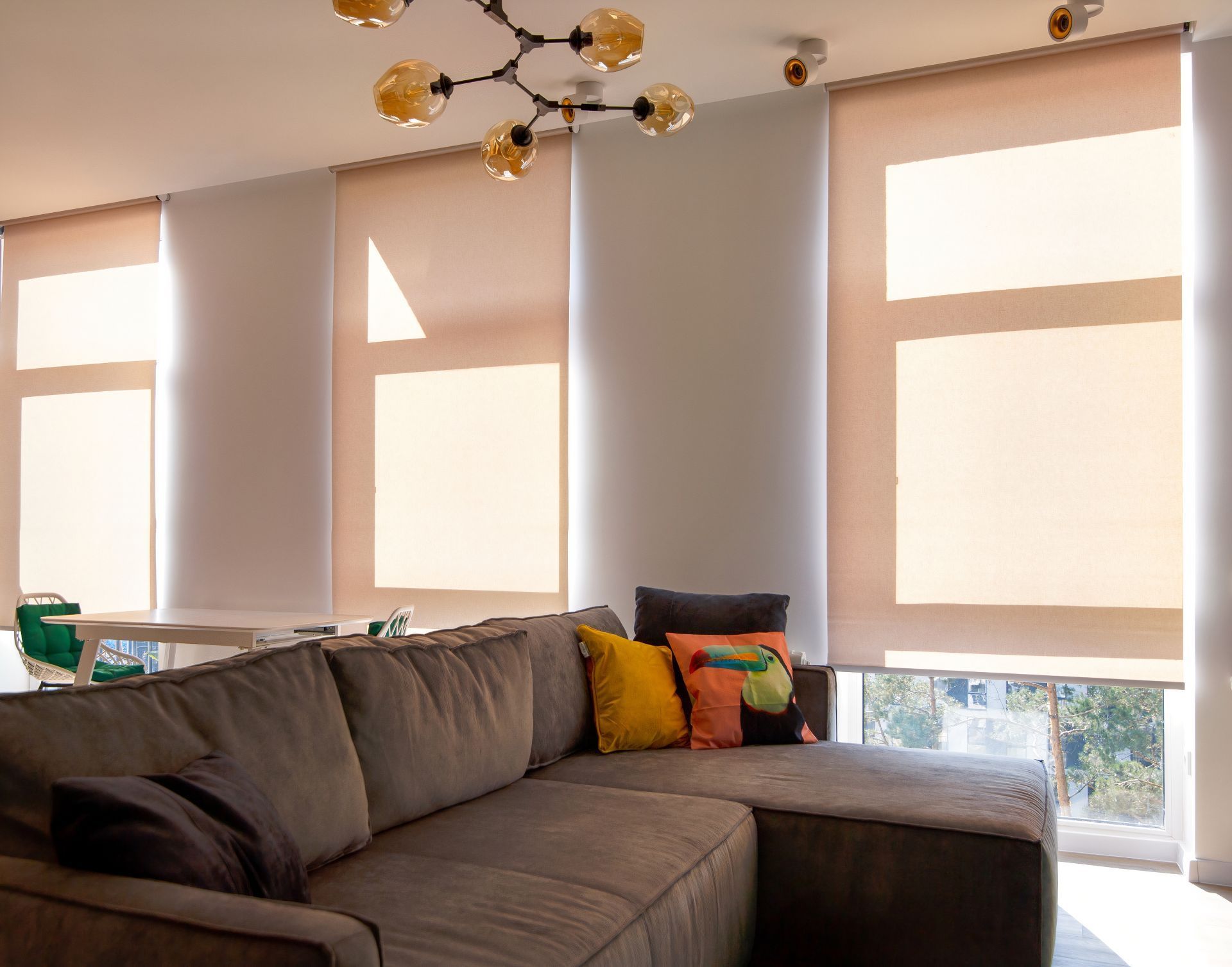 Modern living room with a gray sectional sofa, colorful pillows, and large windows with shades.