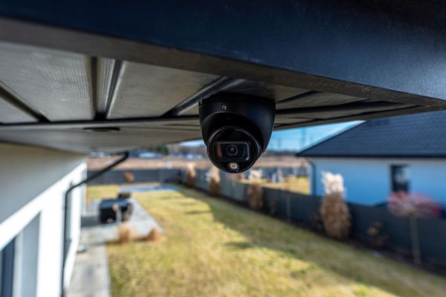 Black dome security camera mounted under a roof, overlooking a backyard.