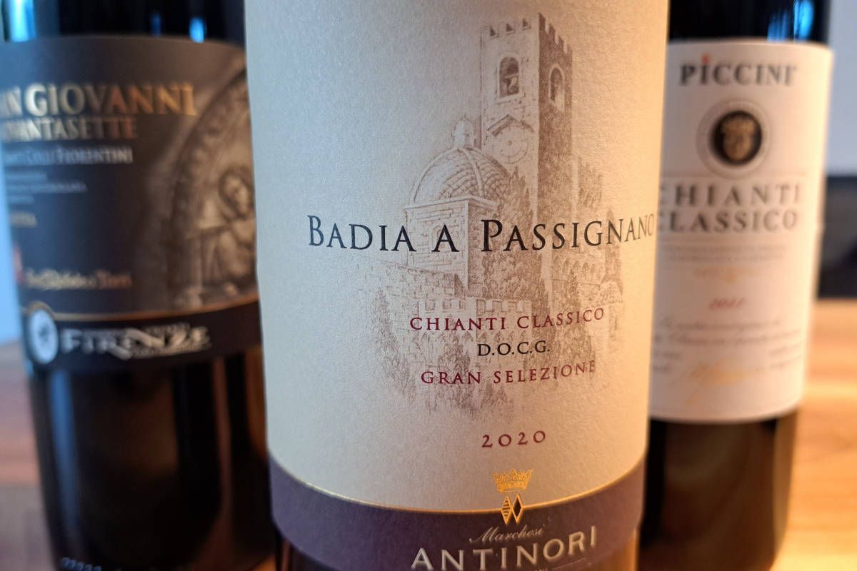 Chianti Classico-Weine, darunter der Gran Selezione Badia a Passignano vom Weingut Antinori