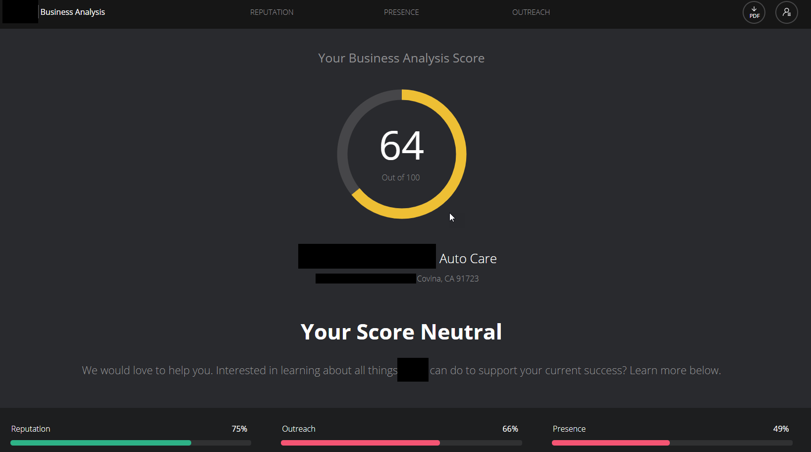 A screenshot of a website that says your score neutral