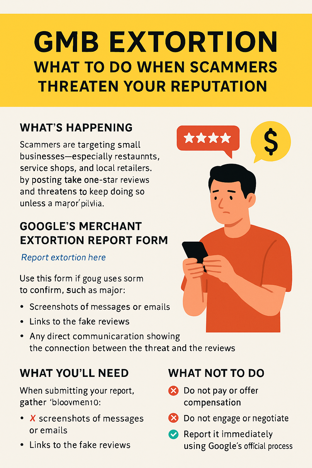google business profile, gmb extortion, fake reviews, merchant extortion form, review alerts, local seo, reviewly, social share code, reputation protection, online reviews