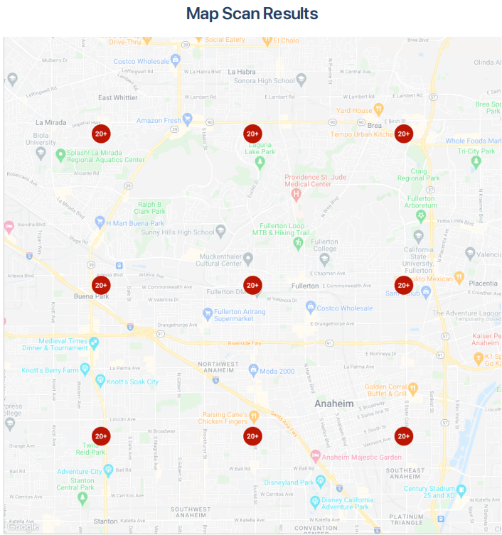 A map showing the results of a map scan.