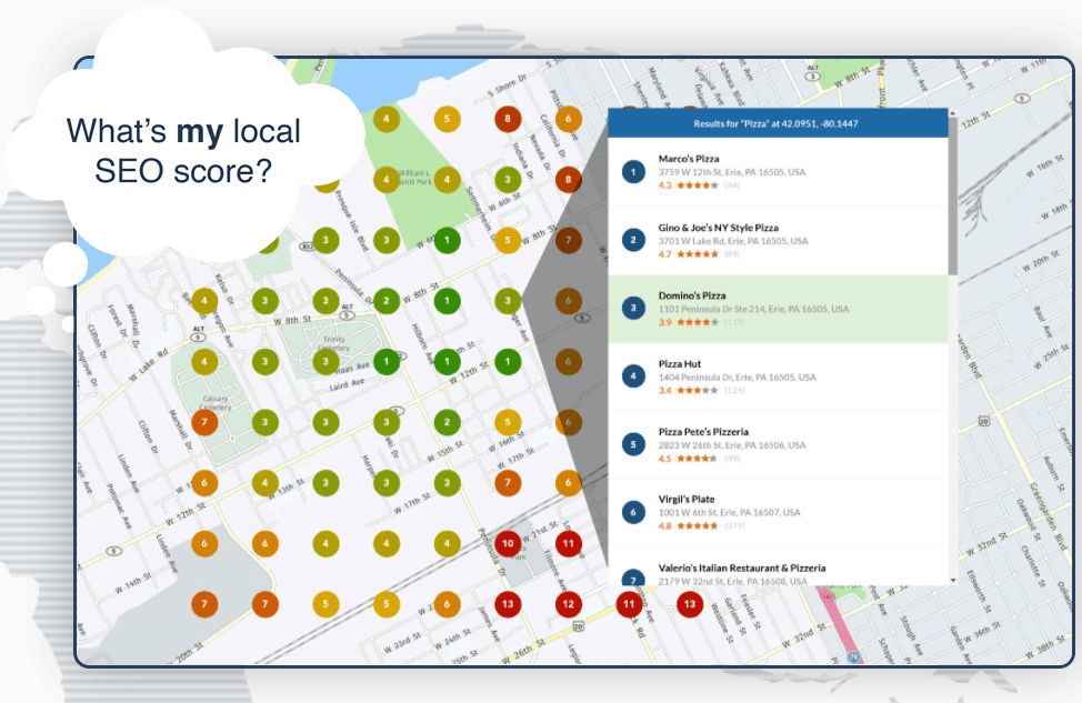A map with circles on it and the words `` what 's my local seo score ''.