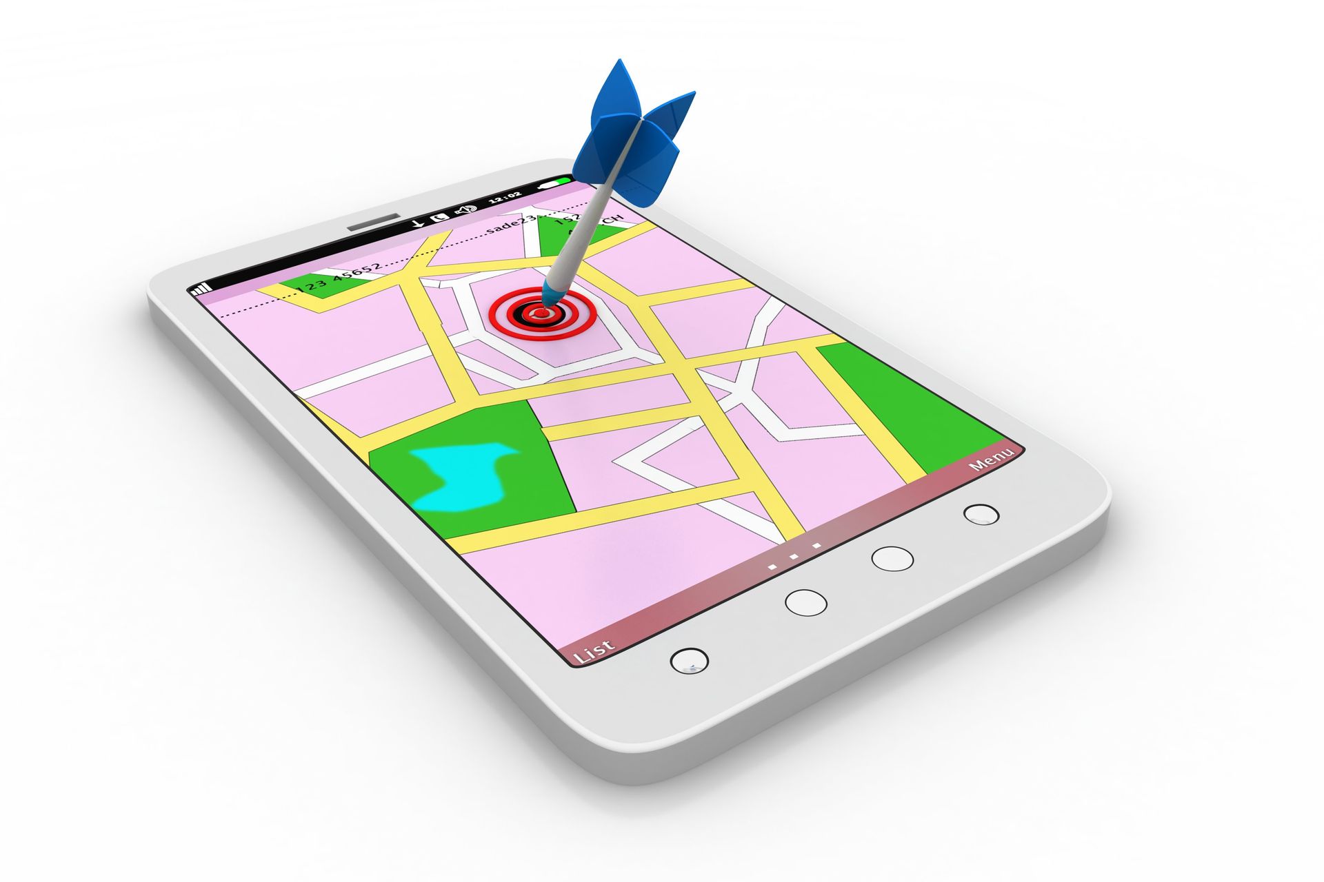 A cell phone with a dart in the center of the screen