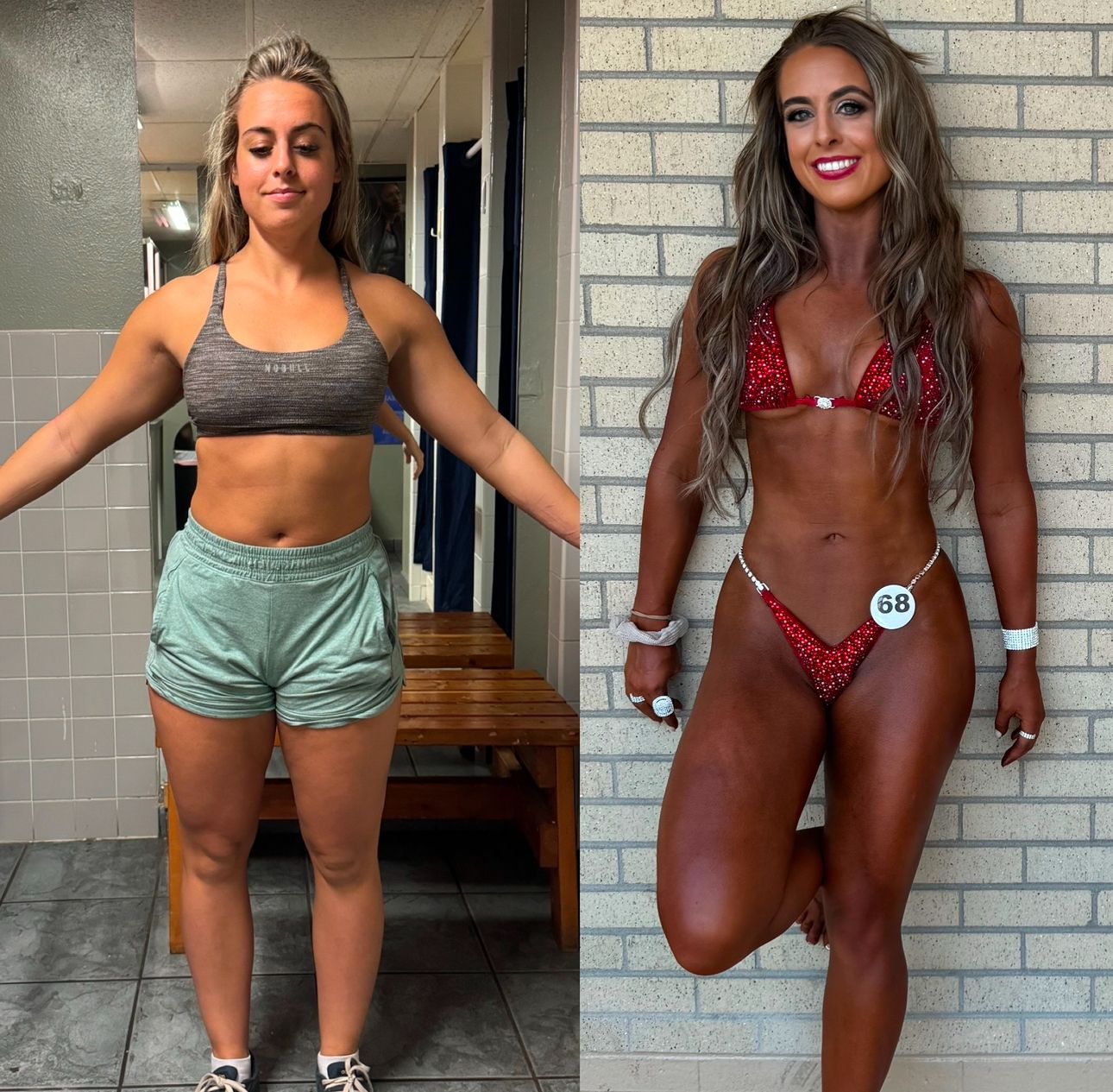 Transformation: woman before and after competing. Before: gym wear, neutral setting. After: bikini, tan, posing.