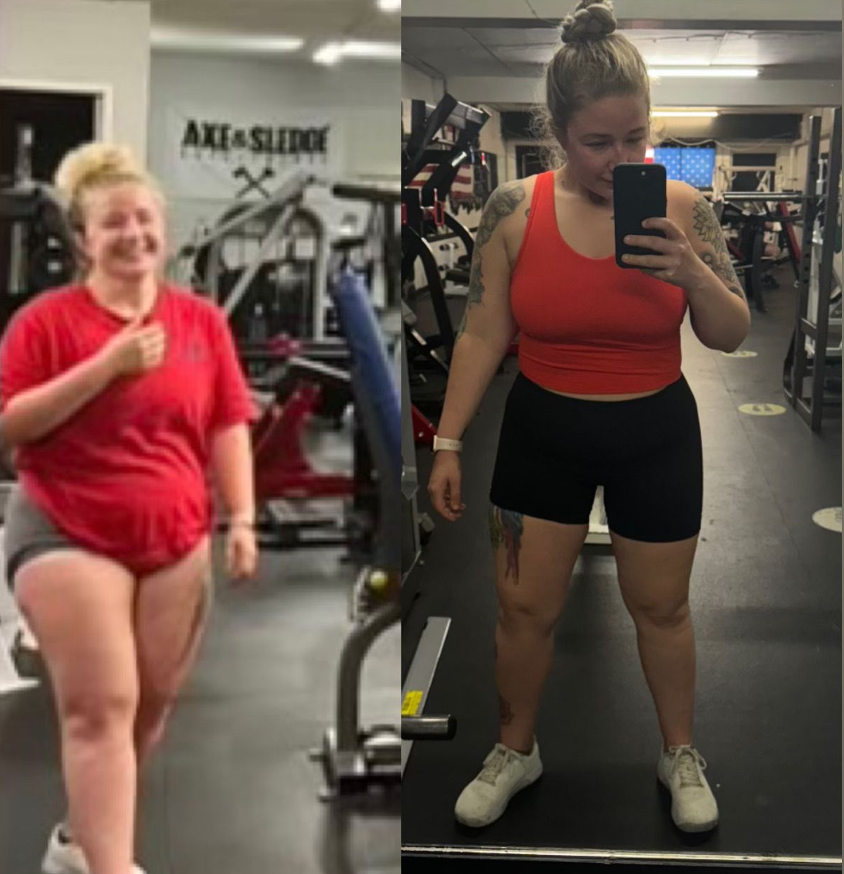 Before-and-after weight loss photos of a woman in a gym.