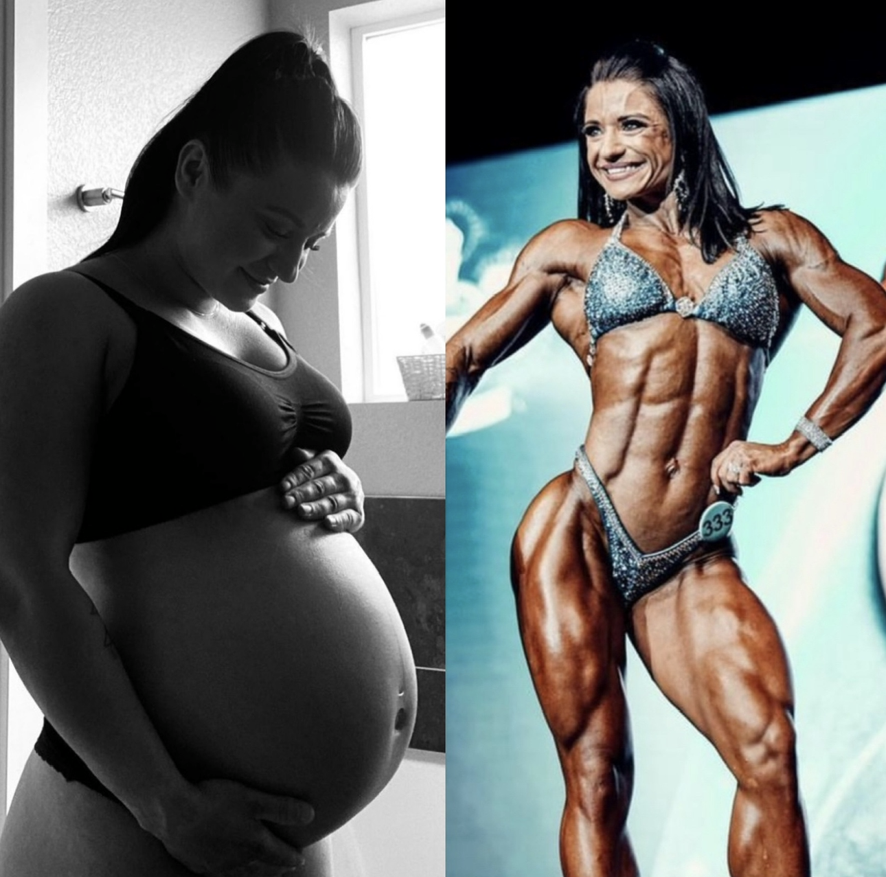 Transformation Side-by-side photo: pregnant woman in underwear, and muscular female bodybuilder in a bikini.