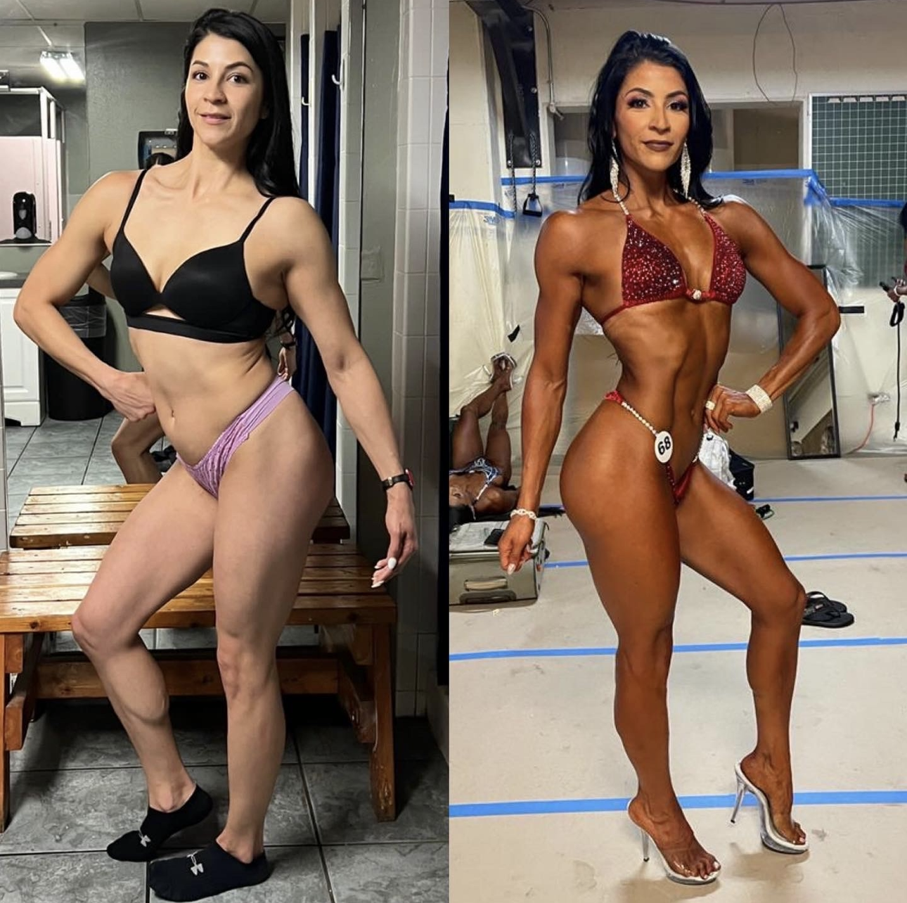 Woman bodybuilder, before and after photos: left, casual attire; right, posing in a stage bikini.