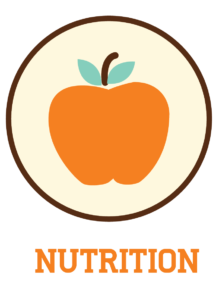 A circular icon featuring an orange apple with two teal leaves, with the word