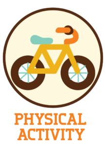 A stylized icon of a yellow bicycle inside a circular brown border, with the text