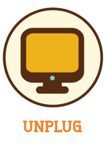 A circular icon featuring a brown computer monitor with a yellow screen and a teal power button above the word UNPLUG.