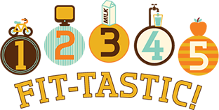 An infographic titled "FIT-TASTIC!" showing numbered icons for activity, screen time, dairy, water, and fruit.