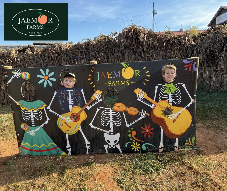 Two children posing as skeletons at Jaemor Farms cutout, playing musical instruments.