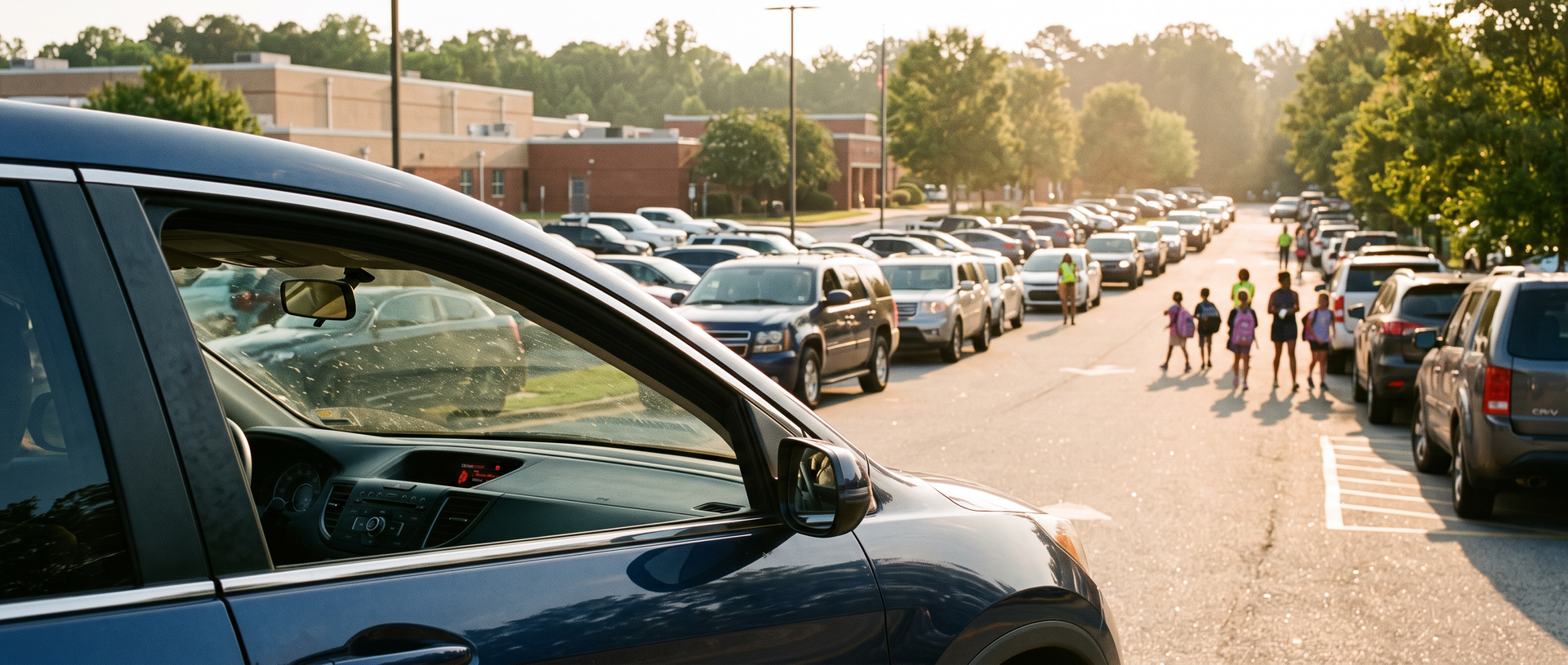 Car idling in afternoon school pickup line in Buford, GA.
