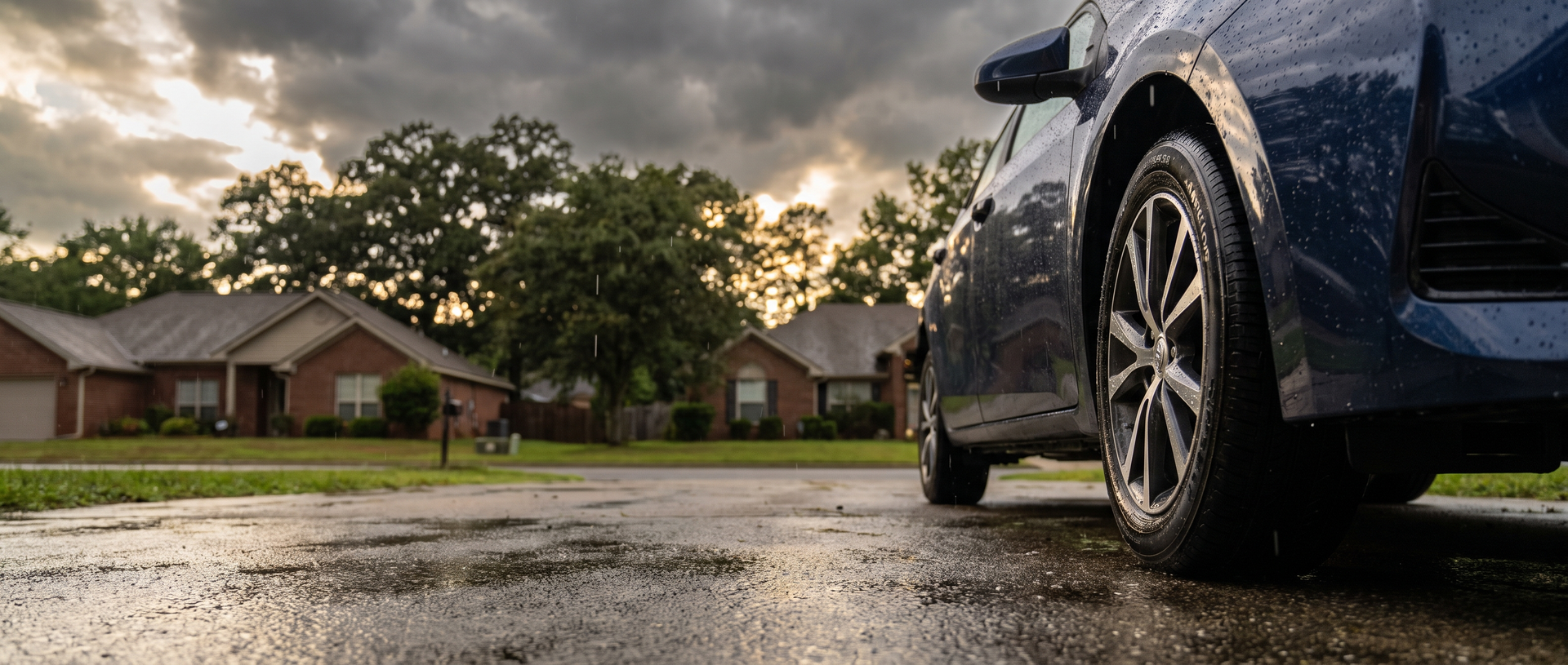 Car tire on a wet driveway with storm clouds approaching near Buford, GA