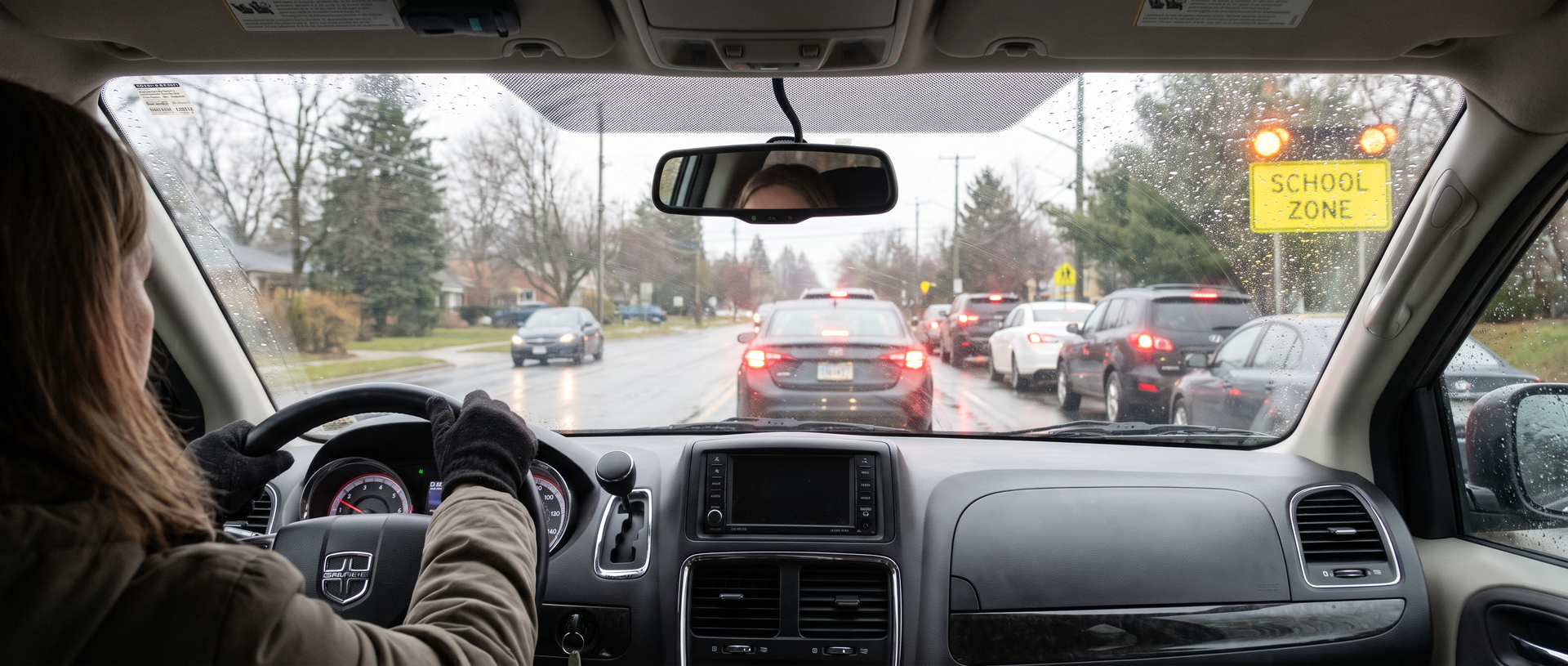 Mom braking in school carpool traffic with brake pad inspection overlay, Buford GA