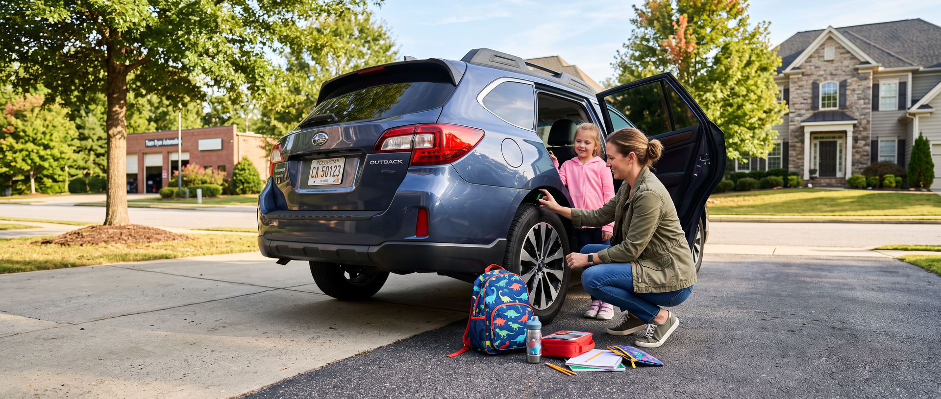 Parent checking tire tread depth on a family SUV before back-to-school driving in Suwanee, GA.