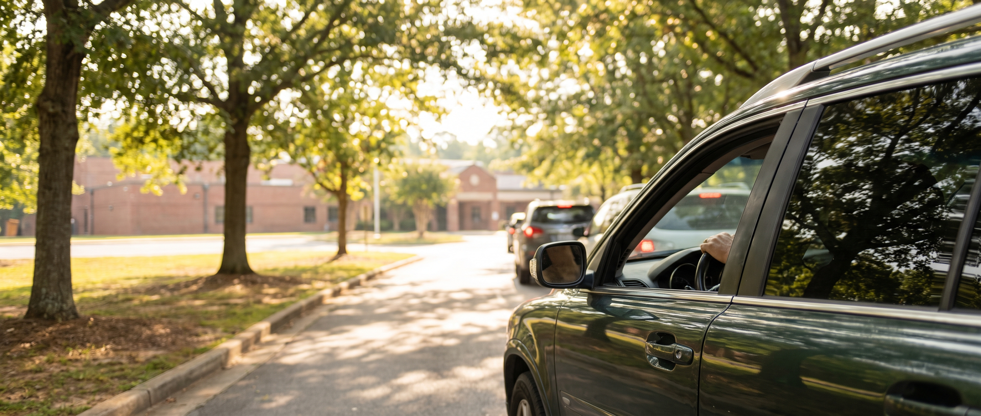 Parent driving through a Forsyth County school pickup line near Cumming, GA