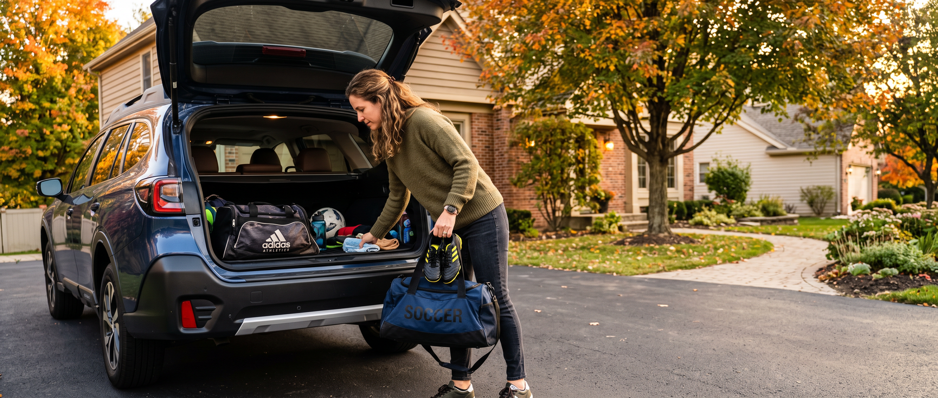 Parent loading sports gear into SUV before fall travel near Buford, GA