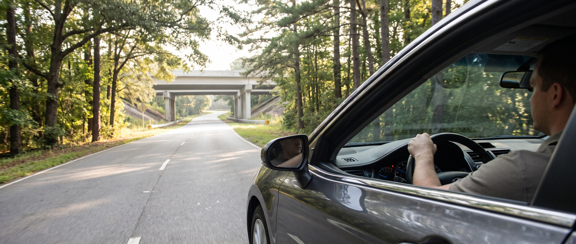 Sedan driving on McGinnis Ferry Road near Suwanee, GA during a morning commute